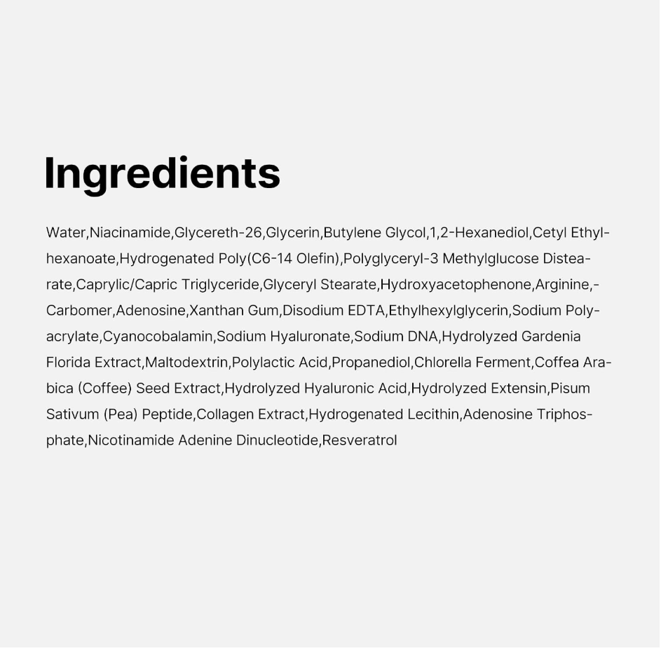 List of ingredients on a white background, Medicube PDRN Pink Tension Up Mask 4ea
