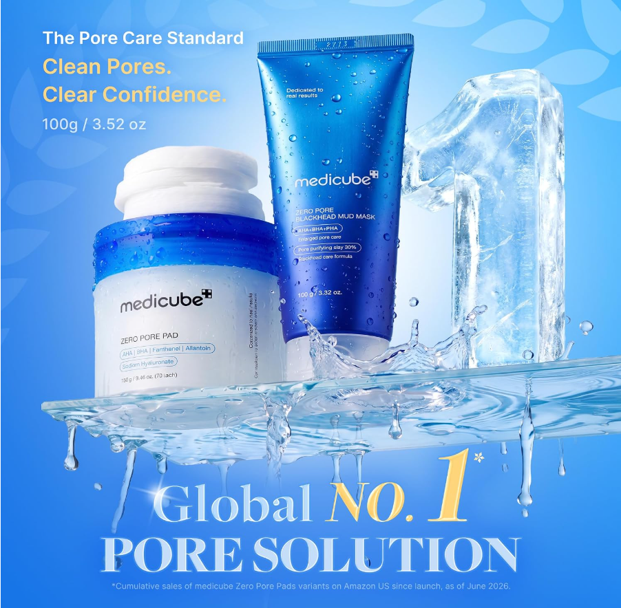 Three medicube skincare products arranged on a glossy blue water-ripple surface: a white jar with a blue lid labeled Zero Pore Pad, a blue squeeze tube labeled Medium Mask, and a clear gel block. Text reads 'The Pore Care Standard' and 'Global No. Medicube Zero Pore Blackhead Mud Mask 100g