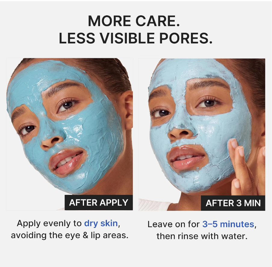 Before-and-after skincare comparison showing a woman's face with a light blue mask. The left panel is labeled 'AFTER APPLY' and shows the mask on dry skin, while the right panel is labeled 'AFTER 3 MIN' and shows it after 3-5 minutes, with text instructions below. Medicube Zero Pore Blackhead Mud Mask 100g