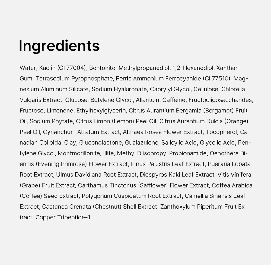 A text-based ingredients list on a plain white background, with small black headings reading 'Ingredients' and dense product ingredient names below. Medicube Zero Pore Blackhead Mud Mask 100g