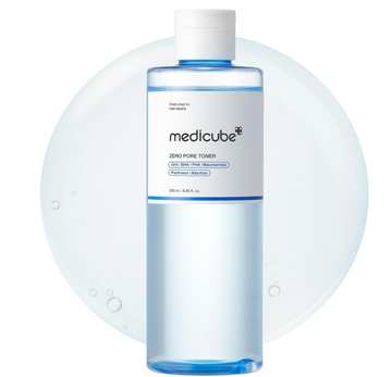 A bottle of medicube Zero Pore Toner with a white cap and a white label featuring blue text and lines, set against a light blue circular background with water droplets. Medicube Zero Pore Toner 250ml