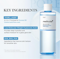 A bottle of medicube Zero Pore Toner displayed on the right against a light blue graphic background with text highlighting key ingredients like Pore-Laser and hyaluronic acid. Medicube Zero Pore Toner 250ml