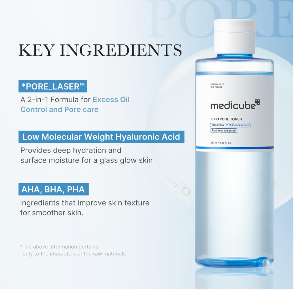 A bottle of medicube Zero Pore Toner displayed on the right against a light blue graphic background with text highlighting key ingredients like Pore-Laser and hyaluronic acid. Medicube Zero Pore Toner 250ml