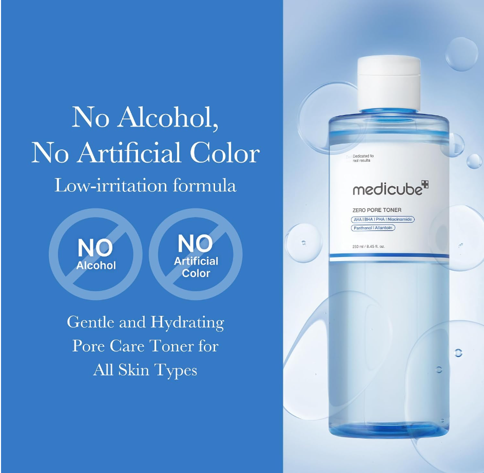 Medicube toner bottle with blue background and text about product features. Medicube Zero Pore Toner 250ml