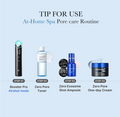 An infographic titled 'TIP FOR USE At-Home Spa Pore care Routine' on a light blue background, showing four skincare steps with products: Step 01 Booster Pro Airshot mode, Step 02 Zero Pore Toner, Step 03 Zero Exosome Shot Ampoule, and Step 04 Zero Pore One-day Cream, all branded medicube. Medicube Zero Pore Toner 250ml