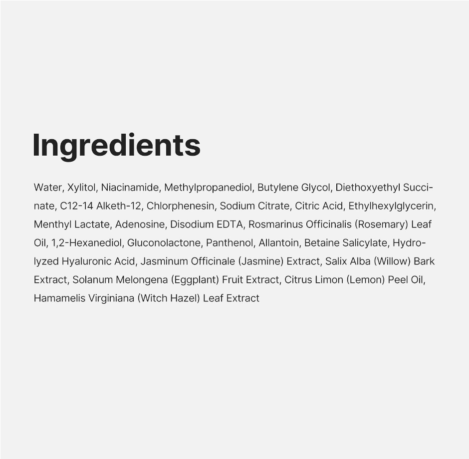 A text-only ingredients list on a light gray background, with the heading 'Ingredients' followed by a paragraph of small black text naming various ingredients such as water, xylitol, niacinamide, and witch hazel leaf extract. Medicube Zero Pore Toner 250ml