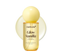 Medicube Glow Vanilla body fragrance mist in a clear bottle with a round pale yellow cap, shown on a white background with a soft yellow circular graphic behind it. Medicube Glow Vanilla Hair Body Fragrance Mist 100ml