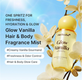 Medicube Glow Vanilla Hair & Body Fragrance Mist bottle with a yellow cap, surrounded by white orchids on a blue gradient background with promotional text. Medicube Glow Vanilla Hair Body Fragrance Mist 100ml