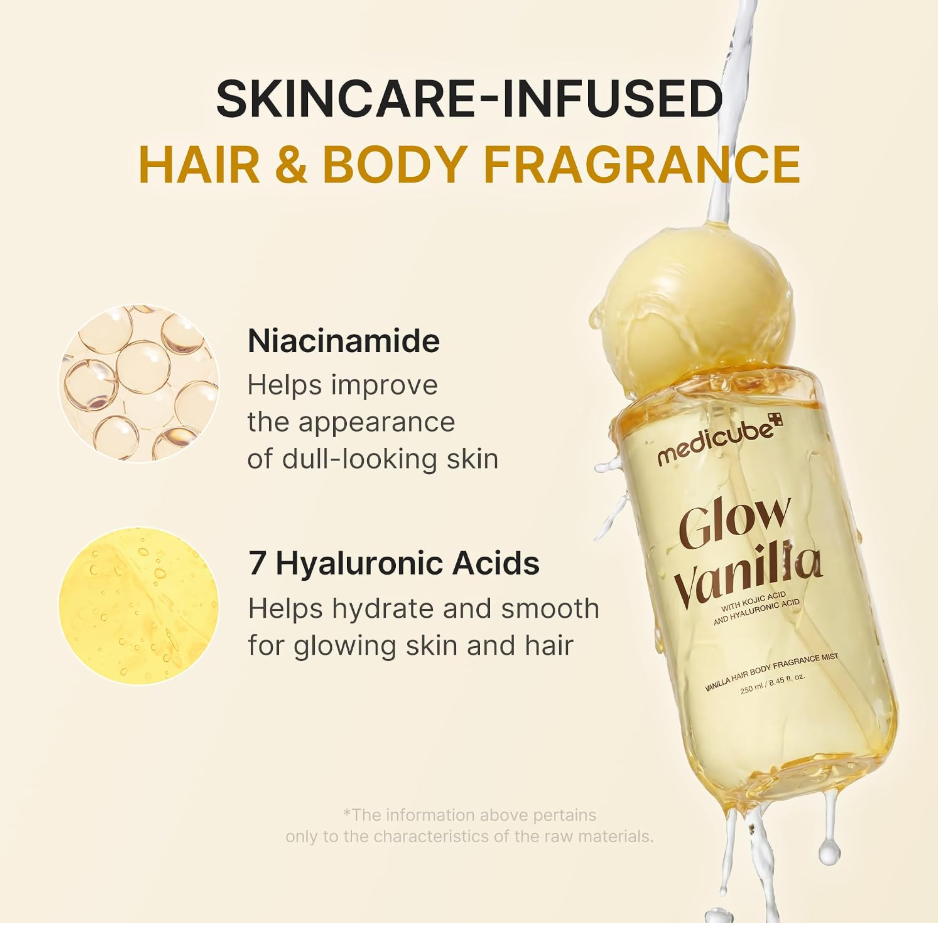 Medicube Glow Vanilla hair and body fragrance bottle shown on a light beige background with text highlighting niacinamide and hyaluronic acid benefits, plus droplets and ingredient callouts. Medicube Glow Vanilla Hair Body Fragrance Mist 100ml