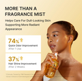 A promotional graphic for a hair care fragrance mist. A woman with styled hair holds a clear spray bottle containing amber liquid. Medicube Glow Vanilla Hair Body Fragrance Mist 100ml