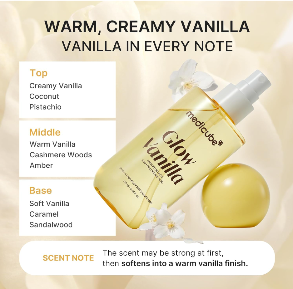 A bottle of MediLube Glow Vanilla Hair Oil with a pump dispenser, shown on a warm cream background with text detailing the scent notes: Top (Creamy Vanilla, Coconut, Pistachio), Middle (Warm Vanilla, Cashmere Woods, Amber), and Base (Soft Vanilla, Caramel, Sandalwood). Medicube Glow Vanilla Hair Body Fragrance Mist 100ml