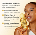 A woman holds a bottle of mediaboxed Glow Vanilla body oil against a warm beige background with promotional text on the left. The bottle is transparent with golden-yellow liquid and a round pale yellow cap. Medicube Glow Vanilla Hair Body Fragrance Mist 100ml