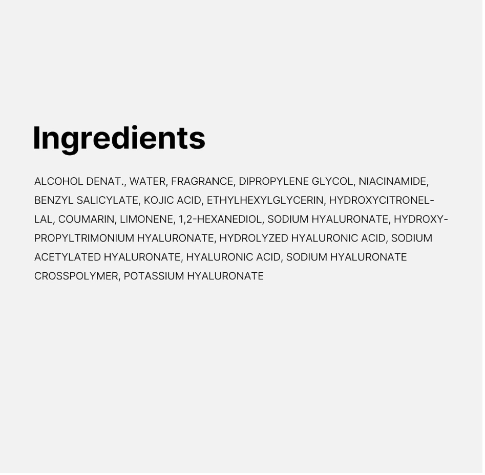 A text-only ingredient list on a light gray background, with the heading 'Ingredients' in bold and multiple lines of smaller black text listing skincare components. Medicube Glow Vanilla Hair Body Fragrance Mist 100ml