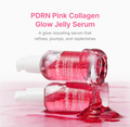 Two bottles of Medcube PDRN Pink Collagen Glow Jelly Serum with white pump dispensers, stacked and dripping glossy pink gel on a white background with pink text above. Medicube PDRN Collagen Glow Jelly Serum 30ml