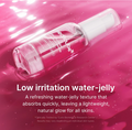 A clear cylindrical pump bottle containing bright pink water-jelly gel, shown diagonally on a glossy pink reflective surface with white text describing the product as low irritation water-jelly. Medicube PDRN Collagen Glow Jelly Serum 30ml