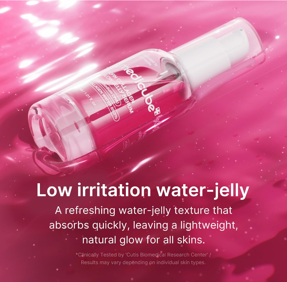 A clear cylindrical pump bottle containing bright pink water-jelly gel, shown diagonally on a glossy pink reflective surface with white text describing the product as low irritation water-jelly. Medicube PDRN Collagen Glow Jelly Serum 30ml