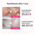 Before and after effects of a skincare product on skin with text showing radiance and hydration improvements. Medicube PDRN Collagen Glow Jelly Serum 30ml