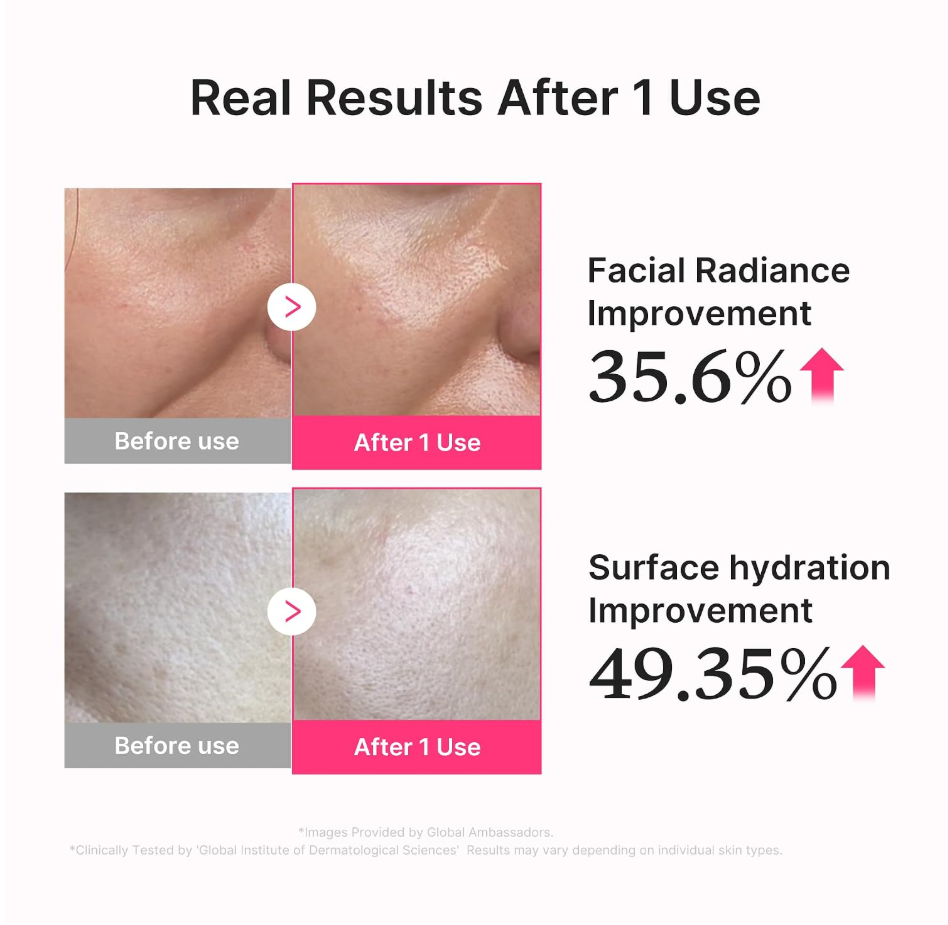 Before and after effects of a skincare product on skin with text showing radiance and hydration improvements. Medicube PDRN Collagen Glow Jelly Serum 30ml