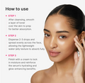 Instructional graphic showing how to use a facial serum, with text steps on the left and a close-up of a woman's face on the right. The text explains cleansing, dispensing and spreading two drops of toner, and finishing with a cream. Medicube PDRN Collagen Glow Jelly Serum 30ml