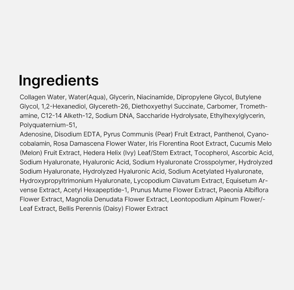 List of ingredients on a white background, Medicube PDRN Collagen Glow Jelly Serum 30ml