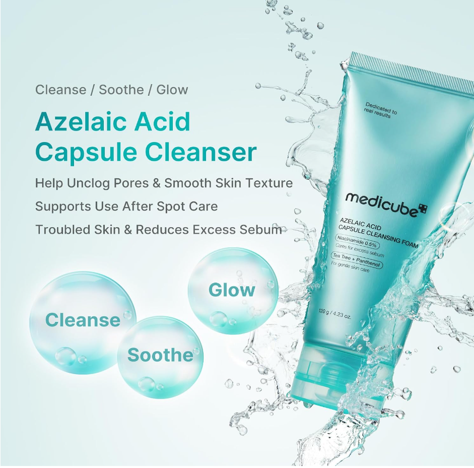 Medicube Azelaic Acid Capsule Cleanser tube shown in a clean, stylized ad layout with water splashes and text highlighting skin benefits on a pale blue background. Medicube Azelaic Acid Capsule Cleansing Foam 120g