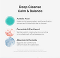 An informational graphic with the heading 'Deep Cleanse Calm & Balance' and three ingredient callouts: Azelaic Acid in a teal droplet, Ceramide & Panthenol in a pink droplet, and Allantoin & Centella in a blue droplet, with explanatory text on a light gray background. Medicube Azelaic Acid Capsule Cleansing Foam 120g