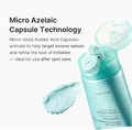 A teal cosmetic bottle with its cap open, showing a swirled cream inside, alongside a smear of the product and marketing text about Micro Azelaic Capsule Technology on a white background. Medicube Azelaic Acid Capsule Cleansing Foam 120g