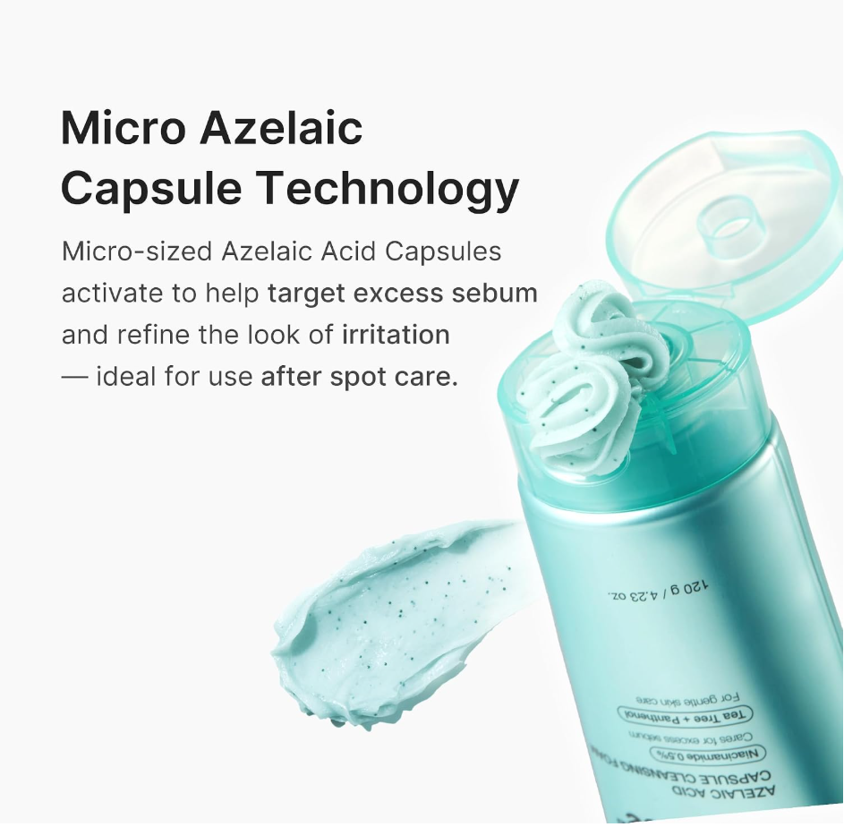 A teal cosmetic bottle with its cap open, showing a swirled cream inside, alongside a smear of the product and marketing text about Micro Azelaic Capsule Technology on a white background. Medicube Azelaic Acid Capsule Cleansing Foam 120g