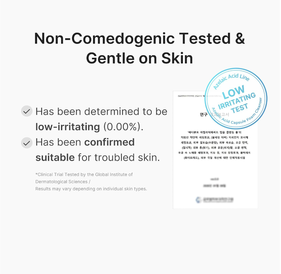 Text indicating product is non-comedogenic, tested on skin, and suitable for troubled skin with a low-irritating test badge. Medicube Azelaic Acid Capsule Cleansing Foam 120g