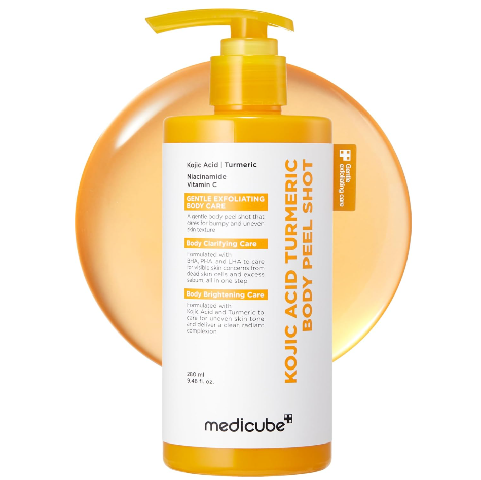 A bottle of medicube Kojic Acid Turmeric Body Peel Shot with a yellow pump dispenser, set against a white background with a large orange circular graphic behind it. Medicube Kojic Acid Turmeric Body Peel Shot 280ml