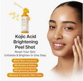 Promotional graphic for Kojic Acid Brightening Peel Shot showing an orange bottle with a dropper, a cream smear, and a woman with clear, bright skin touching her cheek. Text highlights exfoliation and brightening benefits, with orange hashtag labels at the bottom. Medicube Kojic Acid Turmeric Body Peel Shot 280ml