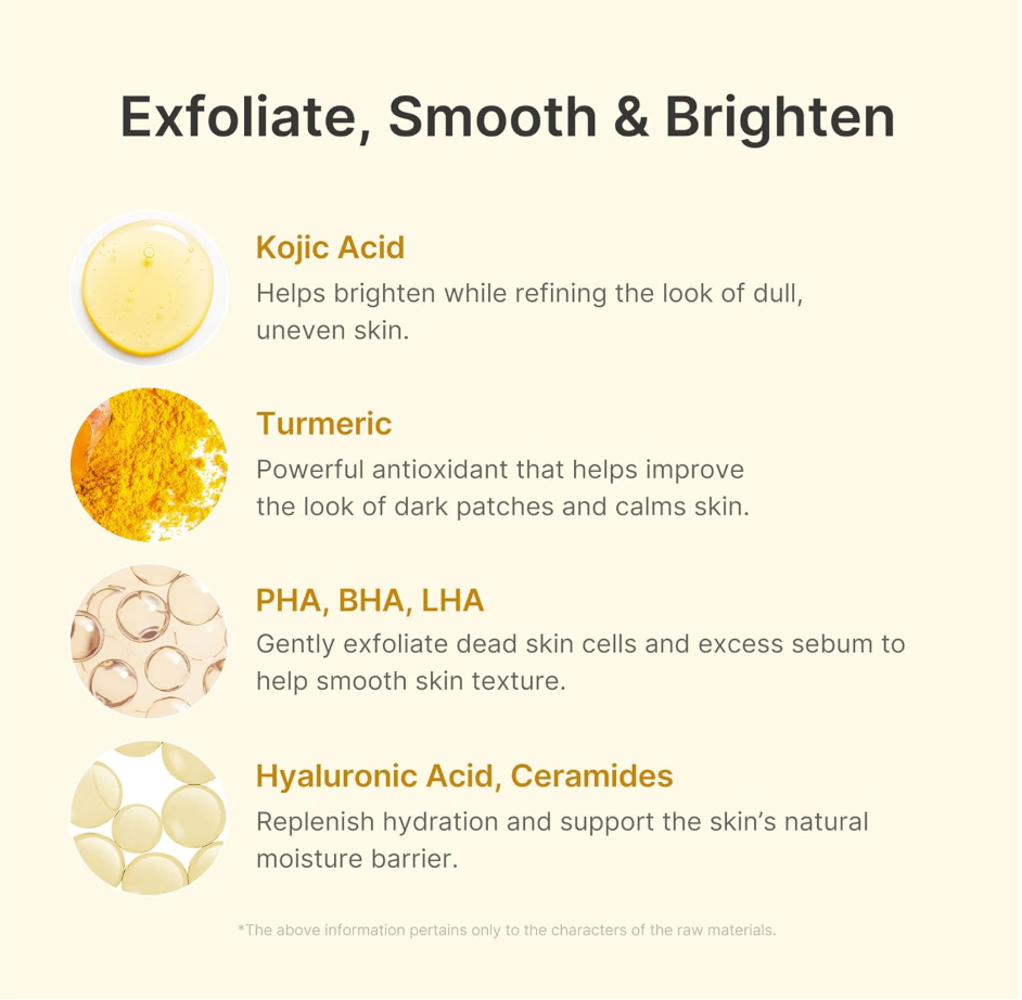 Skincare ingredients with descriptions on a beige background, Medicube Kojic Acid Turmeric Body Peel Shot 280ml