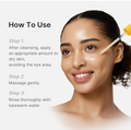 Instructional graphic showing how to use a skincare dropper on a woman's face, with text reading 'How To Use' and three steps for applying, massaging, and rinsing a skincare product. Medicube Kojic Acid Turmeric Body Peel Shot 280ml