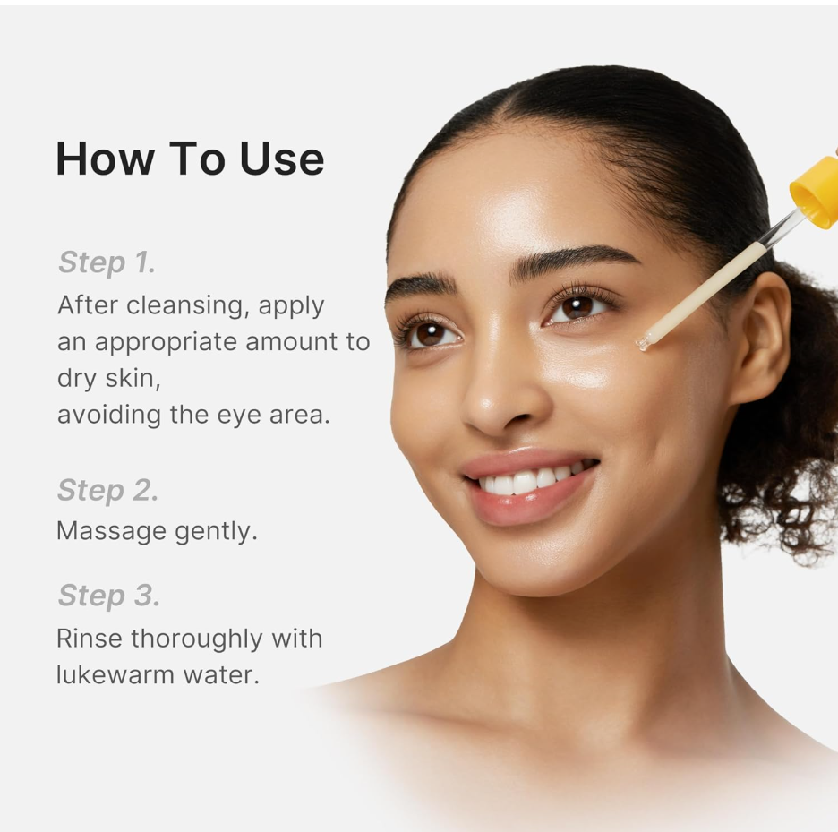 Instructional graphic showing how to use a skincare dropper on a woman's face, with text reading 'How To Use' and three steps for applying, massaging, and rinsing a skincare product. Medicube Kojic Acid Turmeric Body Peel Shot 280ml