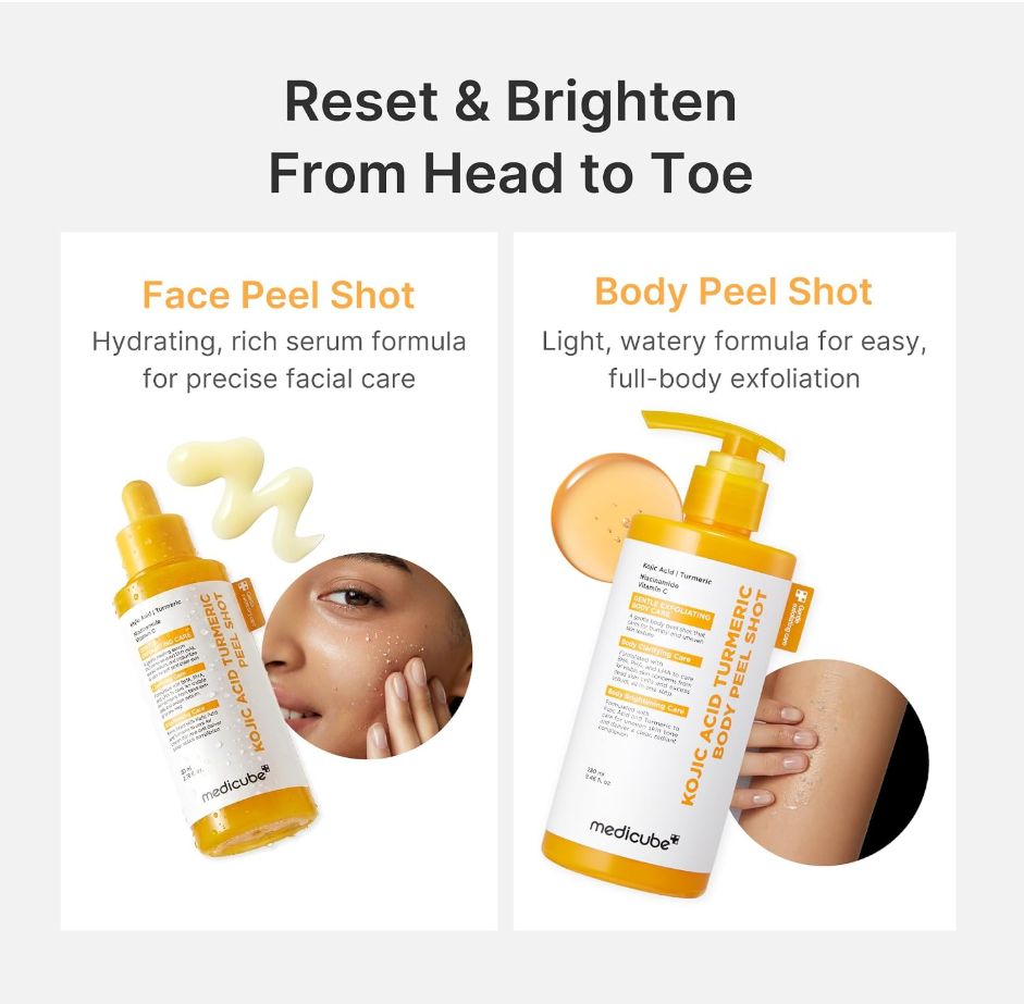 Promotional graphic for Medicobe skincare showing two pump bottles with orange and white packaging on a light gray background. Left panel: Face Peel Shot with a serum droplet and a circular inset of a woman applying cream to her face. Medicube Kojic Acid Turmeric Body Peel Shot 280ml
