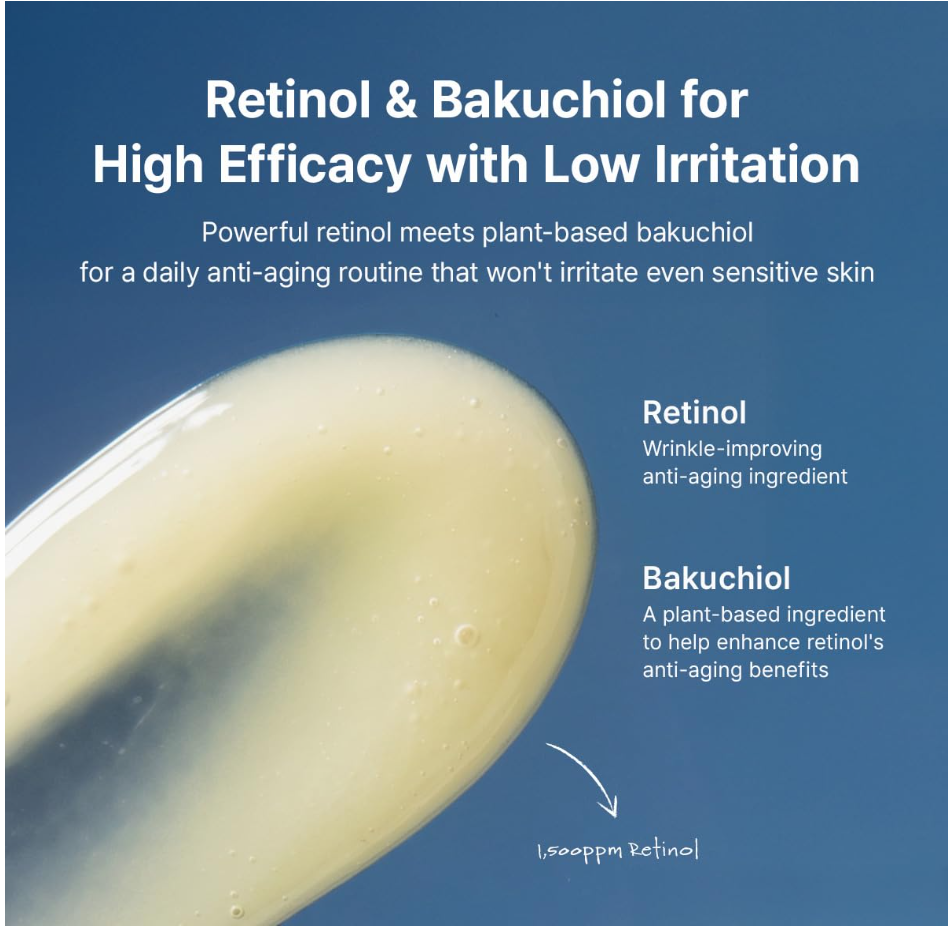 A promotional graphic for a skincare ingredient blend. The top features white text on a blue gradient background explaining the benefits of Retinol and Bakuchiol. Dr.Althea 0.1% Gentle Retinol Serum 30ml