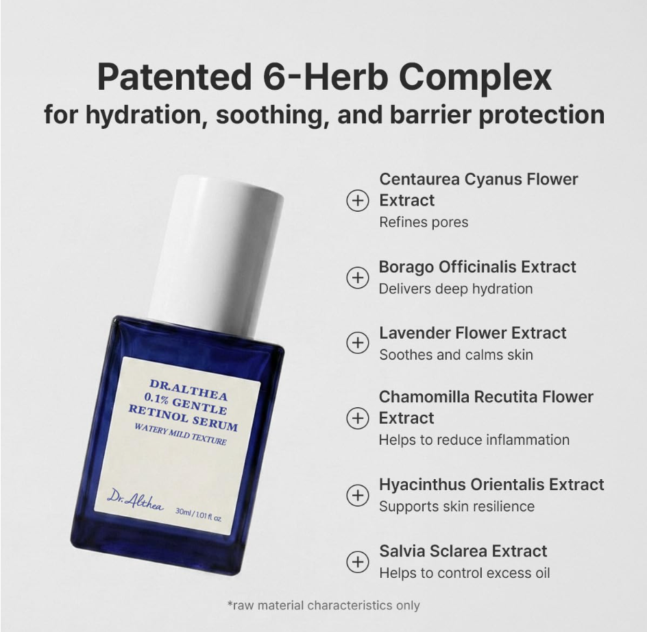 A bottle of Dr. Althea 0. Dr.Althea 0.1% Gentle Retinol Serum 30ml