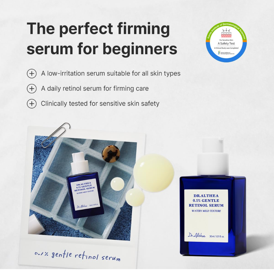 Dr. Aetha retinol serum with product image and text on a white background, Dr.Althea 0.1% Gentle Retinol Serum 30ml