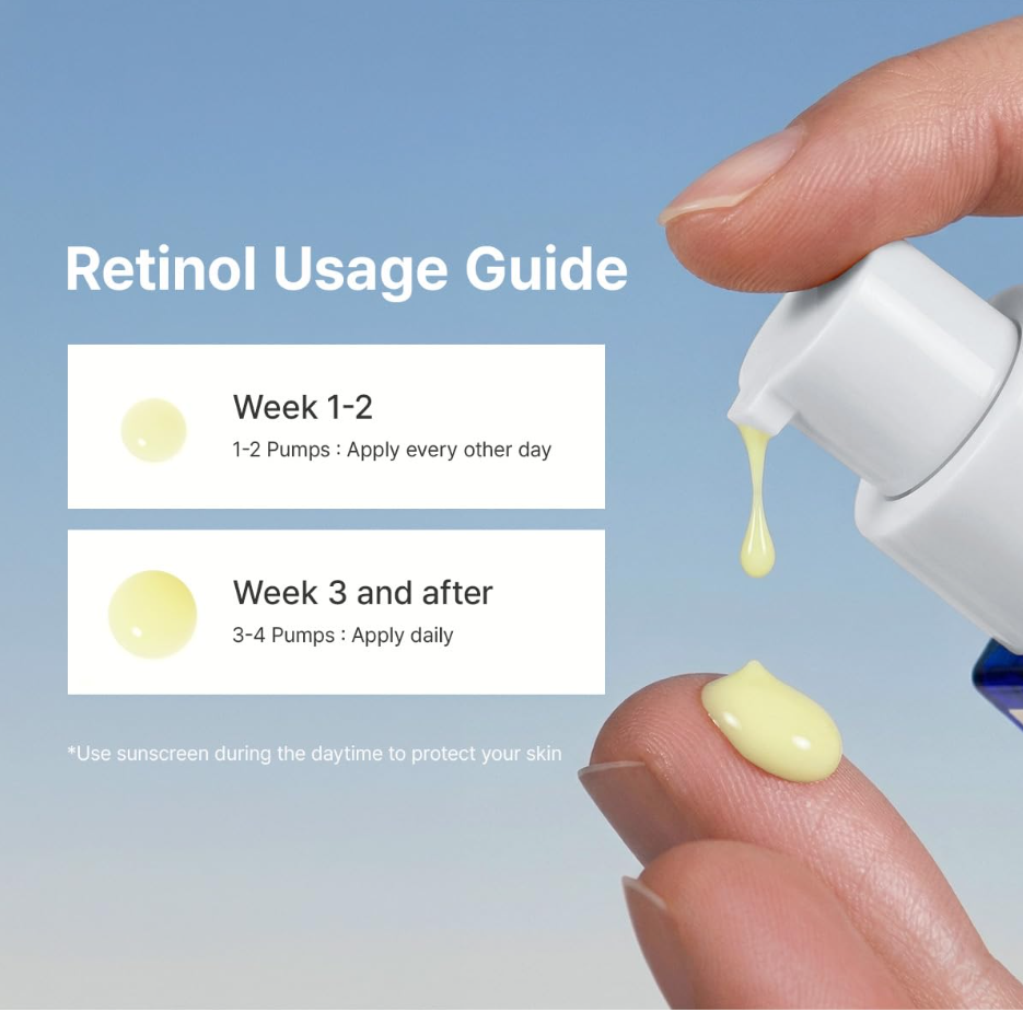 A skincare infographic titled 'Retinol Usage Guide' on a soft blue gradient background. It shows a hand holding a retinol pump bottle with pale yellow cream dripping onto a finger, plus text instructions for Week 1-2 and Week 3 and after. Dr.Althea 0.1% Gentle Retinol Serum 30ml
