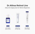 Promotional graphic for Dr. Althea Retinol Line showing three skincare products on a light gray background: a blue serum bottle, an eye serum tube, and a cream tube, with labels naming the products and percentages. Dr.Althea 0.1% Gentle Retinol Serum 30ml