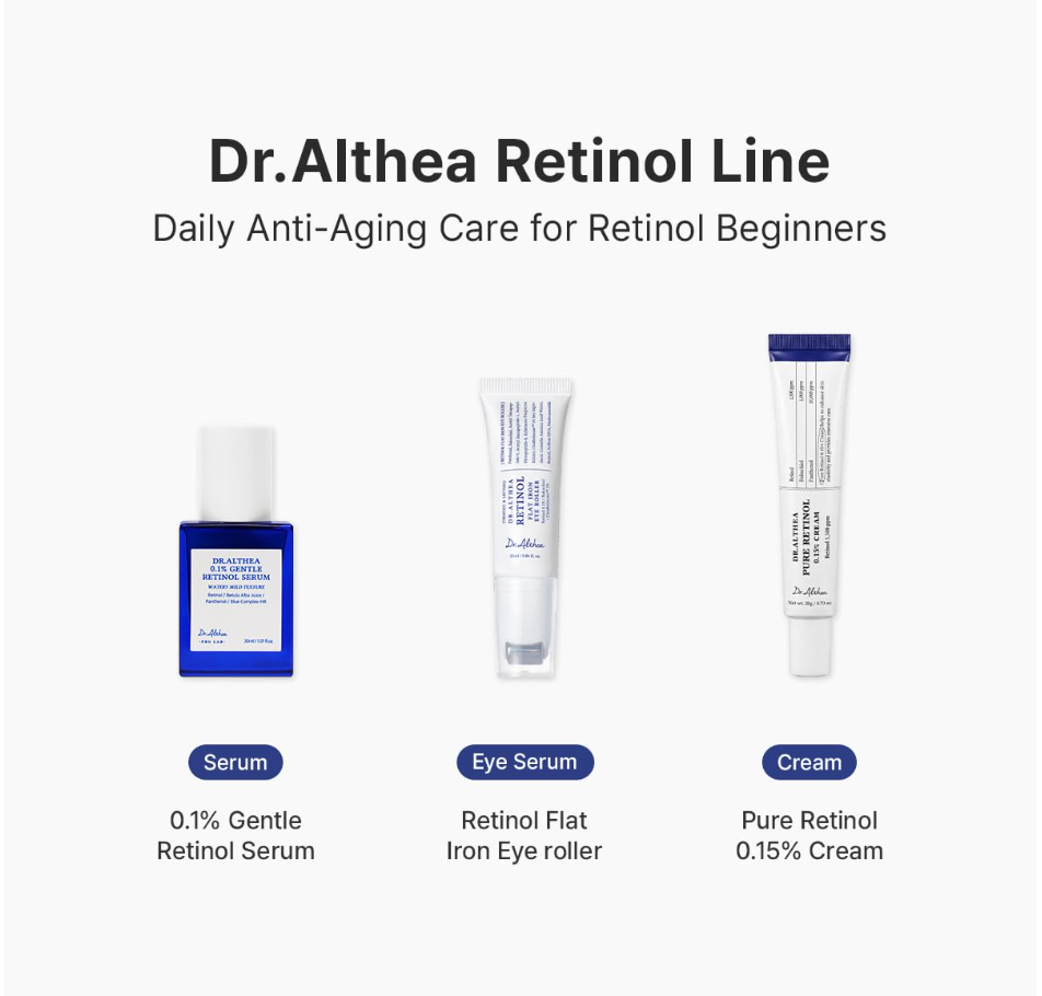 Promotional graphic for Dr. Althea Retinol Line showing three skincare products on a light gray background: a blue serum bottle, an eye serum tube, and a cream tube, with labels naming the products and percentages. Dr.Althea 0.1% Gentle Retinol Serum 30ml