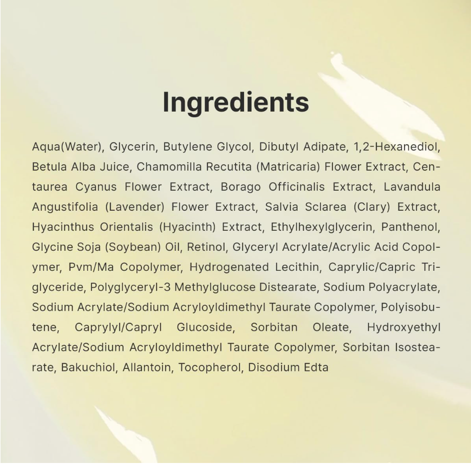 Ingredients list printed in black text on a pale beige background with subtle white leaf silhouettes. Dr.Althea 0.1% Gentle Retinol Serum 30ml