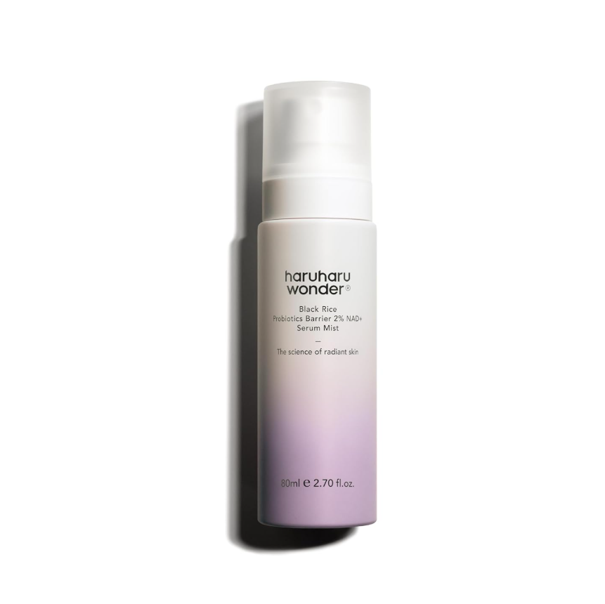 A bottle of haruharu wonder Black Rice Radiance Barrier 2% HA+ Serum Mist, featuring a white-to-lavender gradient bottle with a frosted cap, set against a plain white background with a soft shadow. Haruharu Wonder Black Rice Probiotics Barrier 2% NAD+ Serum Mist 80ml