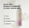 A skincare product bottle labeled 'buruhari Wonder Black Rice Probiotics Barrier 2% NAD+ Serum Mist' on a soft white background with text listing benefits: firms, soothes, strengthens barrier, and moisturize. Haruharu Wonder Black Rice Probiotics Barrier 2% NAD+ Serum Mist 80ml