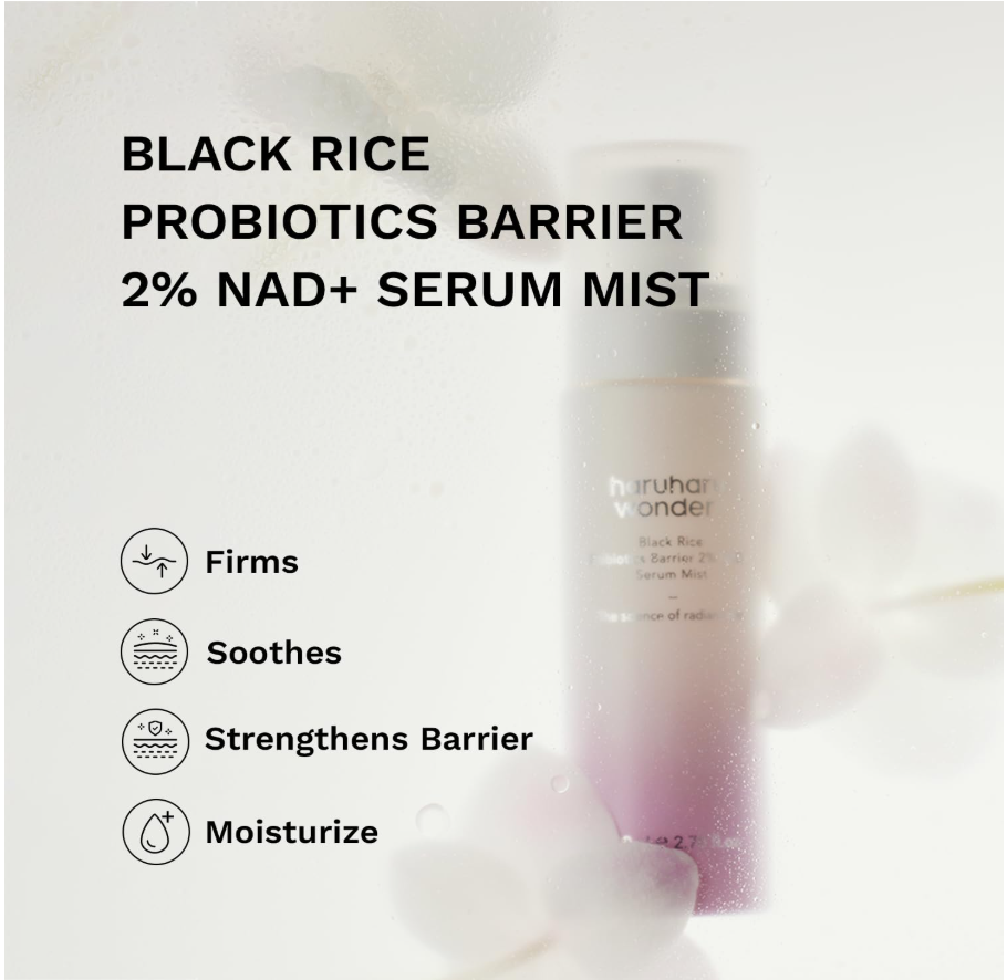 A skincare product bottle labeled 'buruhari Wonder Black Rice Probiotics Barrier 2% NAD+ Serum Mist' on a soft white background with text listing benefits: firms, soothes, strengthens barrier, and moisturize. Haruharu Wonder Black Rice Probiotics Barrier 2% NAD+ Serum Mist 80ml