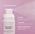 A white Haruharu Wonder Black Rice Probiotics Barrier 2% NAD+ Serum Mist bottle shown against a soft pink background, with a mist spray extending to the right. White text highlights key ingredients: 2% NAD+, Ceramide, and Double Probiotics. Haruharu Wonder Black Rice Probiotics Barrier 2% NAD+ Serum Mist 80ml