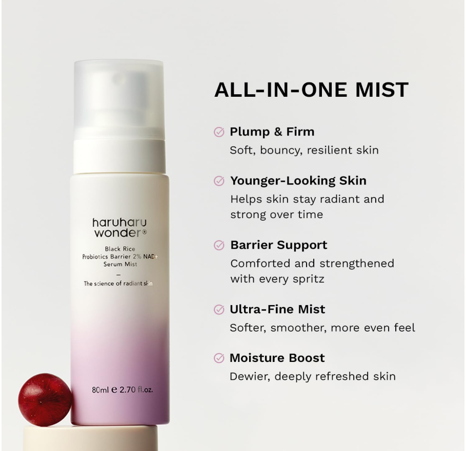 Haruharu Wonder serum mist bottle with product features on a light gray background, Haruharu Wonder Black Rice Probiotics Barrier 2% NAD+ Serum Mist 80ml