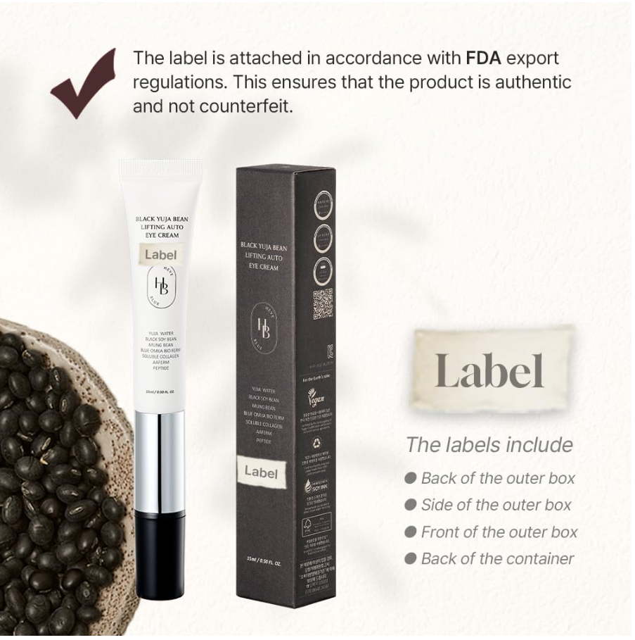 Black Seed Men Lifting Acne Serum shown with its white tube, black outer box, and a close-up of the product label, alongside informational text about FDA-compliant labels and a photo of black seeds in a bowl. Heveblue Black Yuja Bean Lifting Auto Eye Cream 15ml