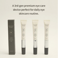 Three white tubes of Black Tea Skin Cellular Eye Cream with silver and black caps are displayed next to their dark gray packaging box, with promotional text above on a light beige background. Heveblue Black Yuja Bean Lifting Auto Eye Cream 15ml