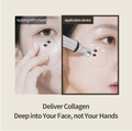 An informational comparison graphic showing skincare application on a woman's cheek: the left panel labeled 'Applying with a hand' shows a finger touching the skin, and the right panel labeled 'Application device' shows a handheld device applying product. Large text at the bottom reads 'Deliver Collagen Deep into Your Face, not Your Hands. Heveblue Black Yuja Bean Lifting Auto Eye Cream 15ml
